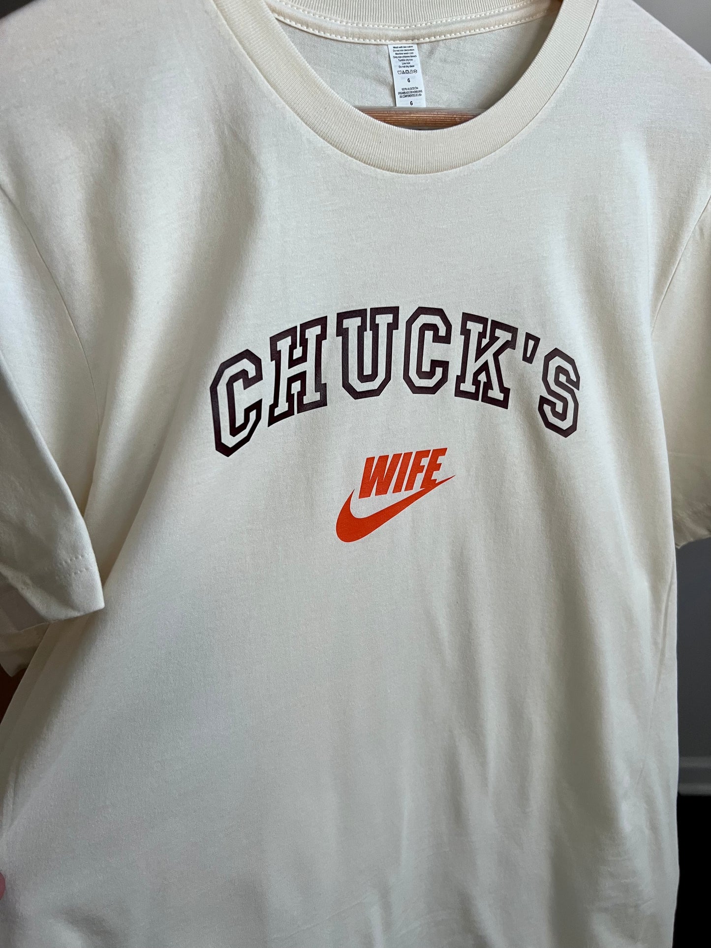 GALLERY COLLECTION: CUSTOM NAME WIFE SPORT TEE (DARK MAROON/ORANGE)