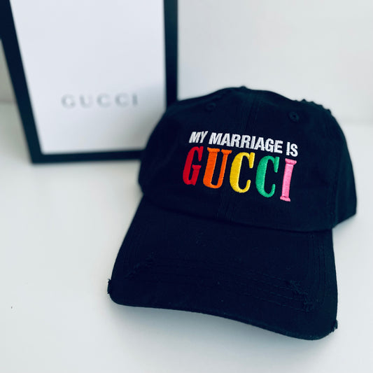 BLACK 'MY MARRIAGE IS...' DISTRESSED LUXE DAD HAT