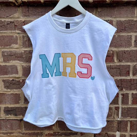 WHITE TRI-COLOR MRS. RAW EDGE MUSCLE TANK