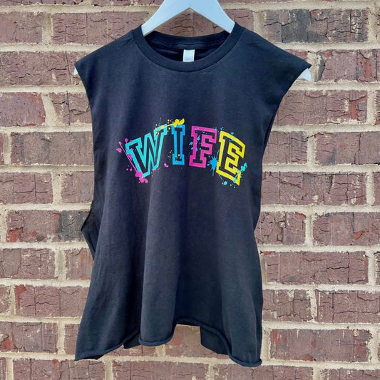 BLACK WIFE PAINT SPLATTER RAW EDGE MUSCLE TANK
