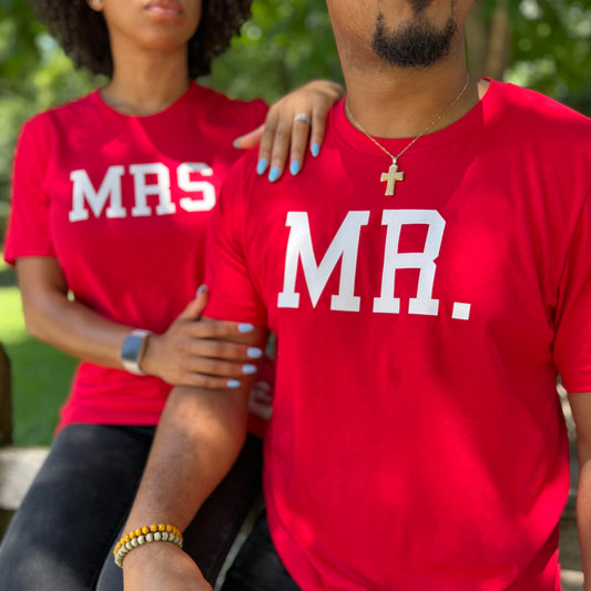 RED MR. + MRS. VARSITY TEES