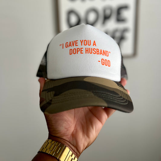 CAMO/ORANGE 'DOPE HUSBAND' FOAM MESH TRUCKER HAT