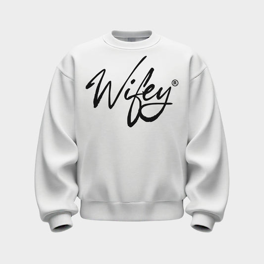 WHITE BRUSHED WIFEY SCRIPT CREWNECK SWEATSHIRT