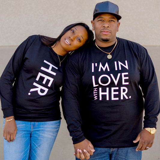 BLACK 'IN LOVE WITH HER' LONG SLEEVE COUPLES SET